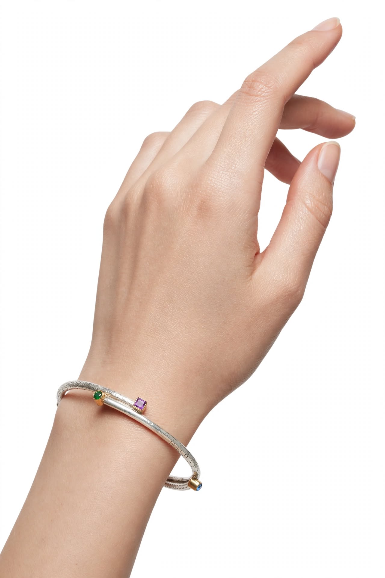Dual-Tone Textured Silver Kada Pair with Multicolor Gemstones