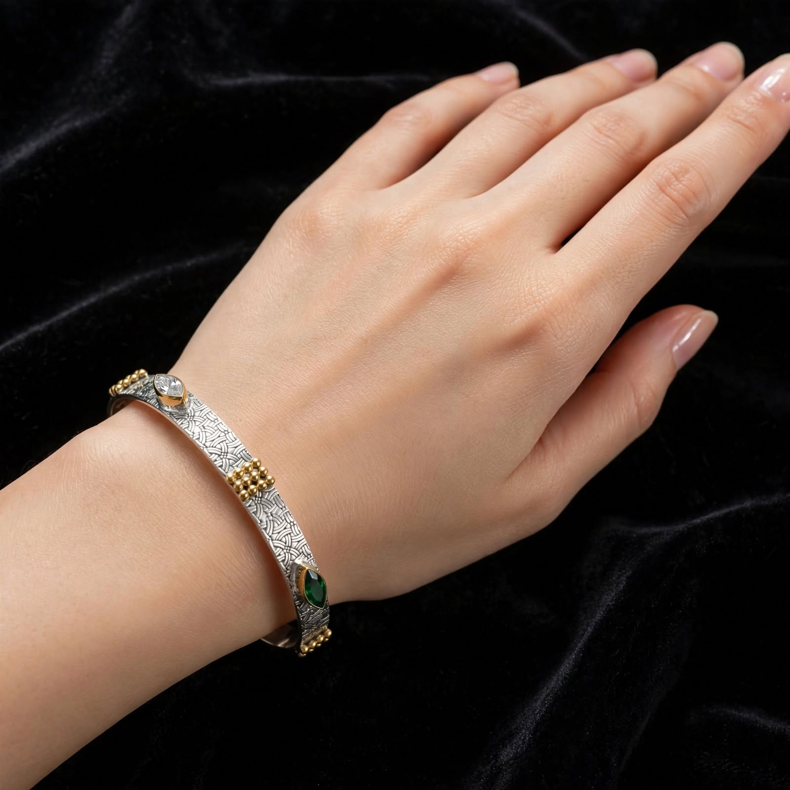 Heritage Textured Silver Kada Pair with Multicolor Stones